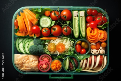 A variety of fresh vegetables neatly packed in a plastic container for convenient storage and to maintain their freshness, A lunchbox filled with organic food items for school children, AI Generated © Iftikhar alam