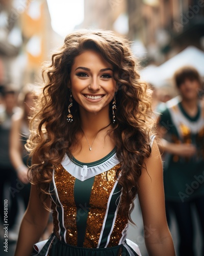 Cheerleader with curly hair smiles at the camera
