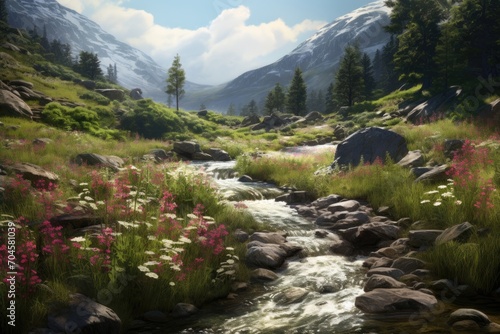 A picturesque view of a calm stream meandering through a vibrant and enchanting forest of lush green foliage  A lush valley filled with wildflowers and a bubbling brook  AI Generated