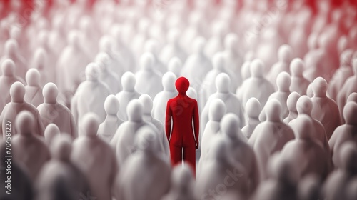 power of individuality amidst a blurred crowd of white human figures, with one bold red figure taking center stage, conveying the essence of uniqueness and diversity photo