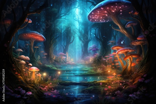 A captivating painting showcasing a lush forest teeming with an array of mushrooms, A magical forest scene with bioluminescent plants and creatures, AI Generated