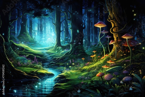 A breathtaking painting capturing the tranquil beauty of a forest with a meandering stream flowing gracefully through it, A magical forest scene with bioluminescent plants and creatures, AI Generated