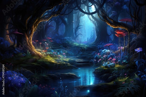 A serene painting depicting a lush forest with a gentle stream flowing through it, A magical forest scene with bioluminescent plants and creatures, AI Generated
