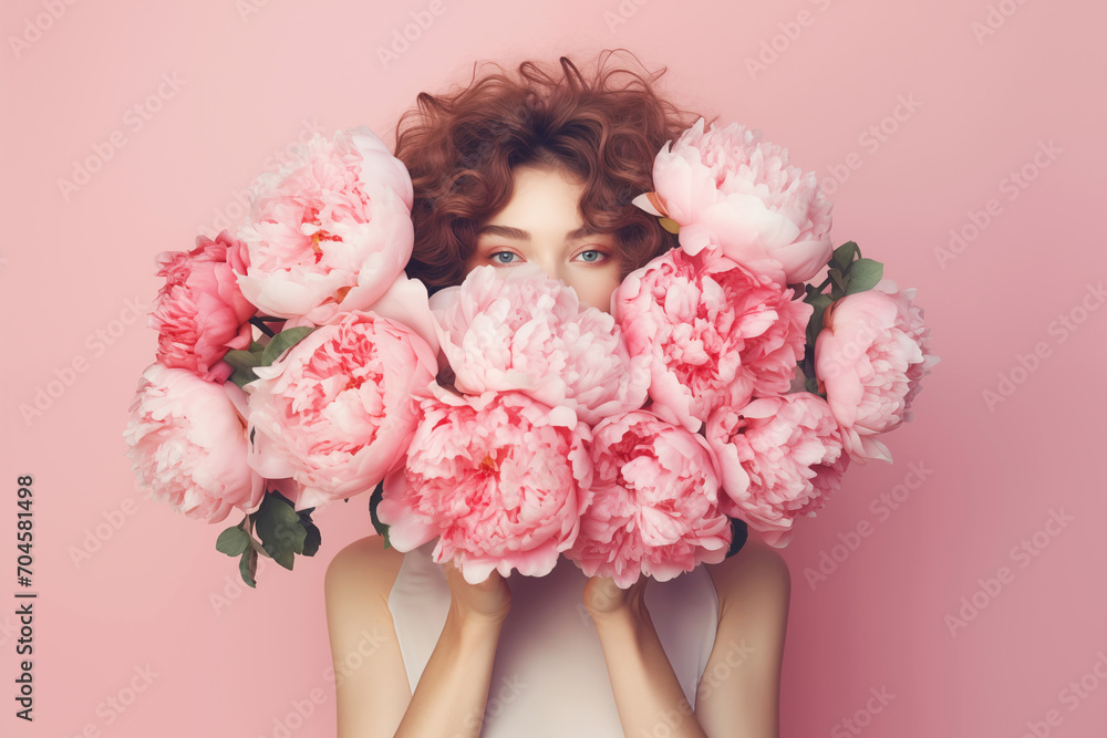 Faceless woman holds peonies flowers. Mental health, women's day or mother's day