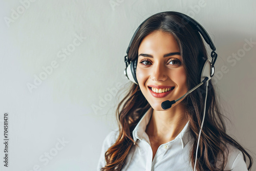 Portrait of a young female call center agent on a plain background. AI generative