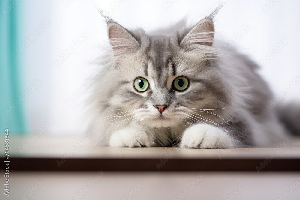 A lovely and curious grey kitten with fluffy fur, sitting and looking, showcasing its adorable features. A lovely and curious grey kitten with fluffy fur, sitting and looking, showcasing its adorable features.