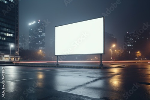 blank billboard looms over a glistening parking lot, with the misty ambiance of the city night and distant traffic lights