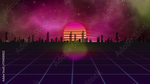 Retro futuristic background 80s, 90s style, sun and city background