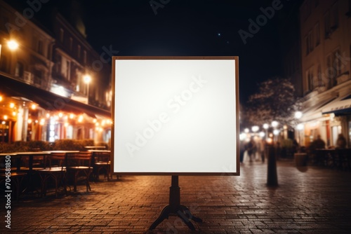 blank billboard stands out in the quiet of the night, surrounded by the intimate ambiance of a streetside café or restaurant photo