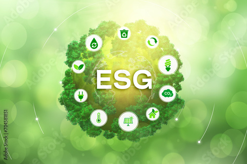 ESG environmental social governance investment business concept. ESG icons. Business investment strategy concept. Digital hologram. corporate
