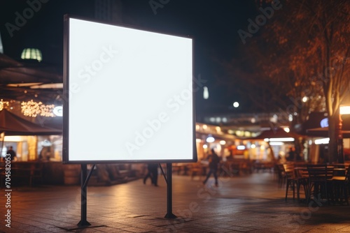 empty white billboard stands out against the city nightlife, with streetlights casting a warm glow on the pedestrian area at evening
