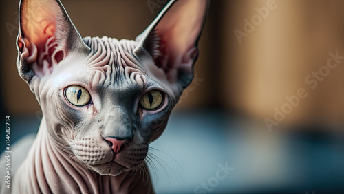 Sphynx cat with piercing eyes and detailed wrinkles, sitting indoors, exuding curiosity