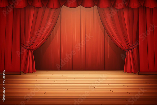 Red stage curtain and wooden floor, cartoon, ai generative
