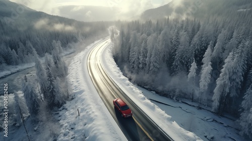 Country road going through the beautiful snow covered forest, Red car driving on winter road, Aerial view, generative ai