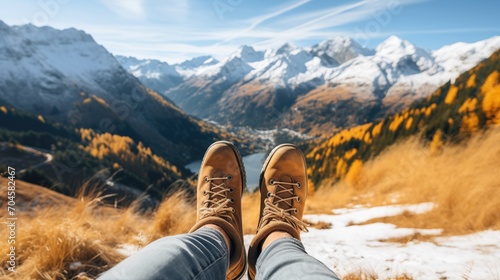 Feet trekking boots hiker selfie relaxing with mountains landscape view outdoor Travel Lifestyle concept active Summer vacations adventure, generative ai