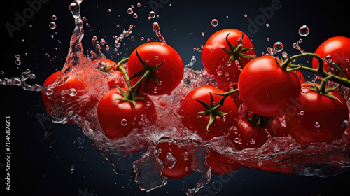 Smooth Fresh organic raw red Tomato Vegetables falling into water and splashes created with Generative AI Technology