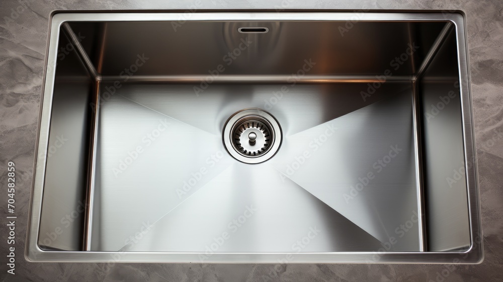 top view of a stainless steel sink with a plug hole, emphasizing cleanliness and contemporary design in a stylish kitchen setting top view of a stainless steel sink with a plug hole, emphasizing cleanliness and contemporary design in a stylish kitchen setting