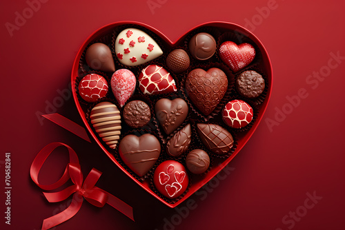 Red heart shaped box with a different chocolates. Valentine' Day © Oksana