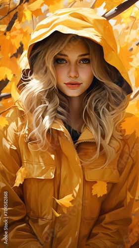 portrait of a beautiful blonde woman in a yellow raincoat standing in a fall forest