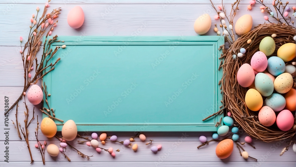 Obraz premium Easter eggs and willow on wooden background with blank blue card. Greeting card for Valentine's Day