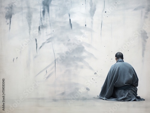 A monk sits in meditation in front of a large abstract painting. photo