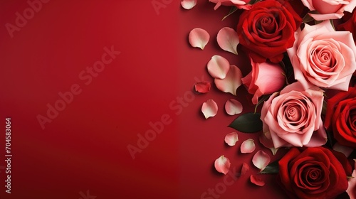 Valentine s Day design concept background with pink and red rose flower on red background  Valentines  Spring or Mothers day  generative ai