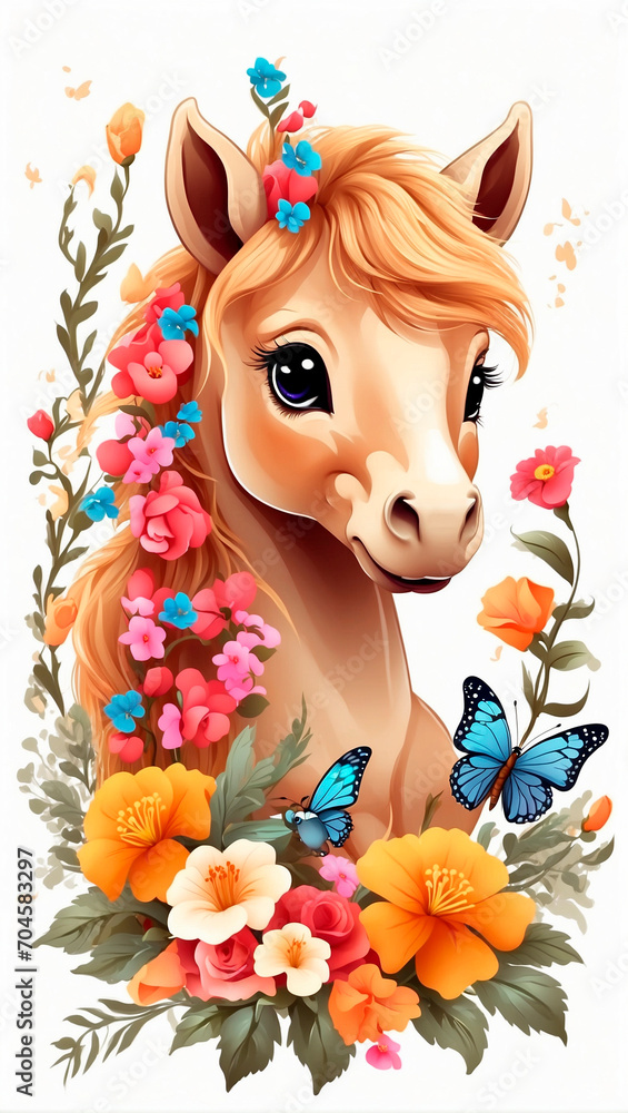 Naklejka premium little cute pony in flowers. Watercolor style, printing on t-shirts