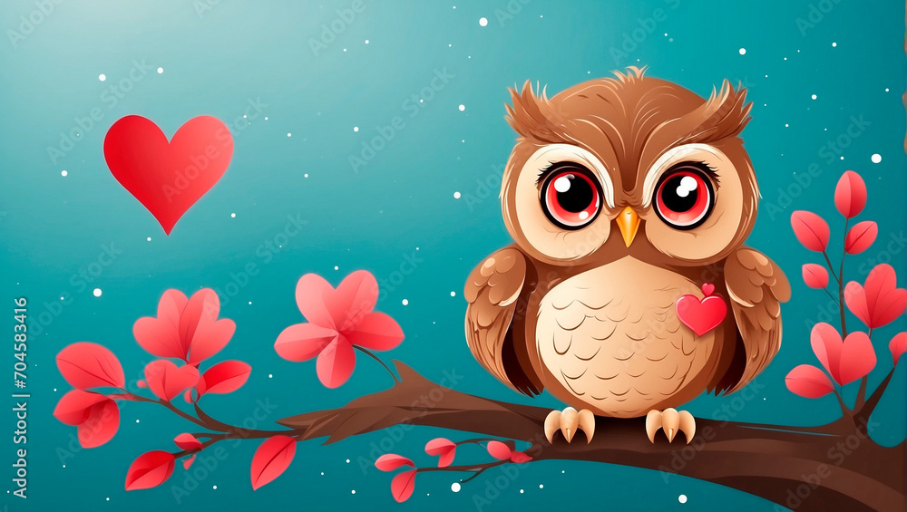 Obraz premium owl in love on a branch with flowers