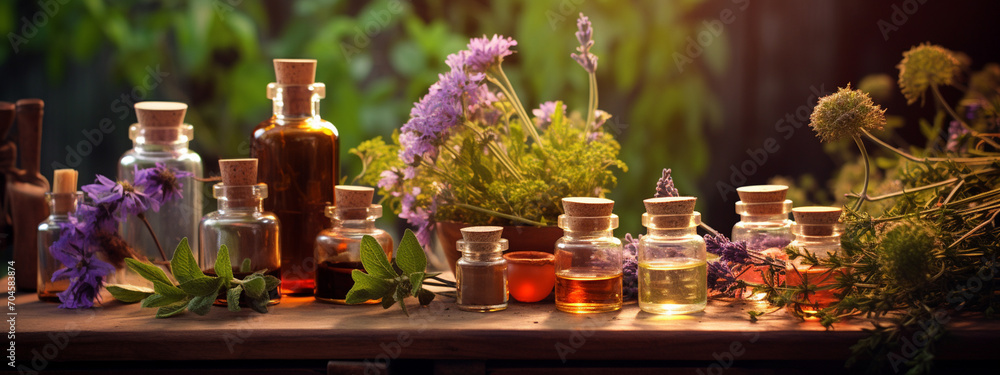 © Артур Комис - bottles with tinctures of wild medicinal flowers and herbs.Generative AI