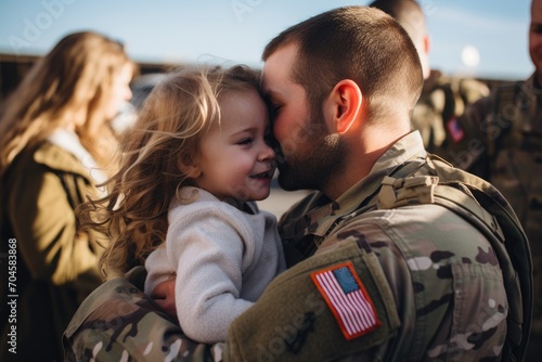 A soldier embraces a little girl in a military uniform, capturing a heartwarming moment of connection and support, A military family welcoming home their deployed parent, AI Generated