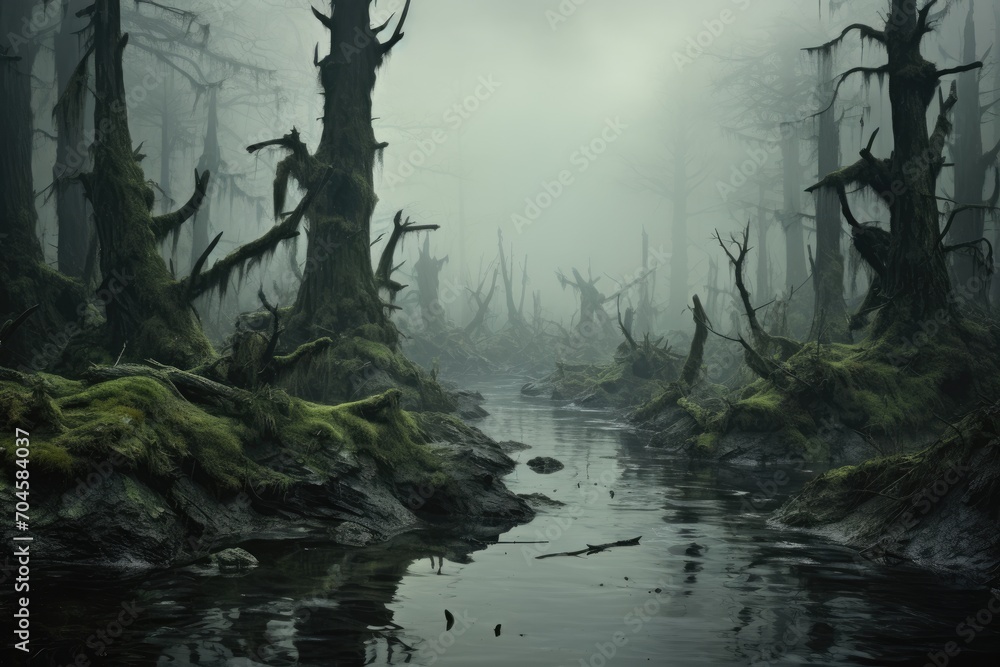 A breathtaking view of a serene swamp with an abundance of trees and lush moss in a natural wetland ecosystem, A misty, serene swamp dotted with gnarled trees and moss-covered rocks, AI Generated