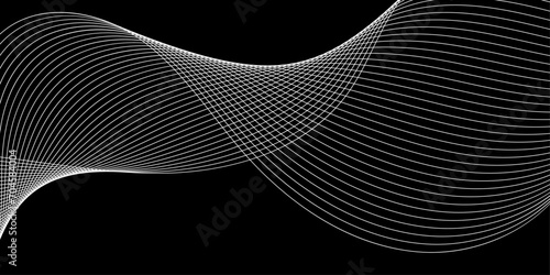 Abstract background with waves for banner. Medium banner size. Vector background with lines. Element for design isolated on black. Black and white. Brochure, booklet