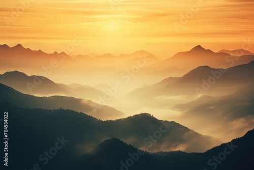 Witness the awe-inspiring beauty of a mountain range as the sun sets, casting enchanting hues across the landscape, A misty mountain range with the sunrise illuminated in the background, AI Generated