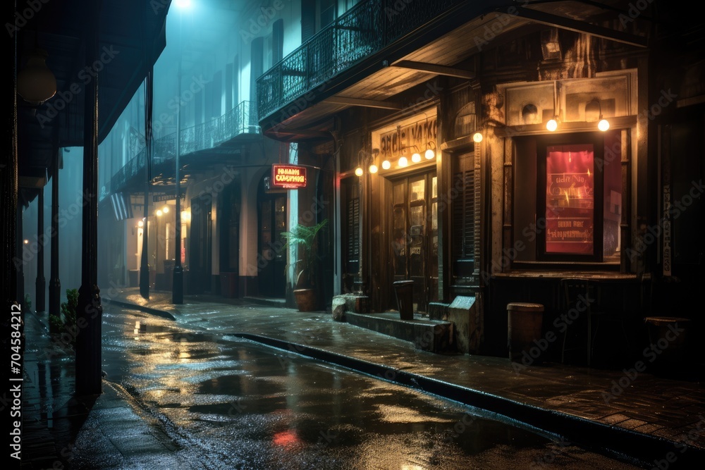 A busy city street at night is transformed by the rain, as the wet pavement reflects the glowing lights and creates a captivating urban scene, A moody jazz club in New Orleans, AI Generated A busy city street at night is transformed by the rain, as the wet pavement reflects the glowing lights and creates a captivating urban scene, A moody jazz club in New Orleans, AI Generated