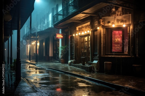 A busy city street at night is transformed by the rain, as the wet pavement reflects the glowing lights and creates a captivating urban scene, A moody jazz club in New Orleans, AI Generated