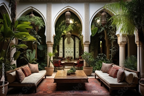 A fully furnished living room filled with various furniture pieces and an array of vibrant plants  A Moroccan riad with a tranquil courtyard  AI Generated