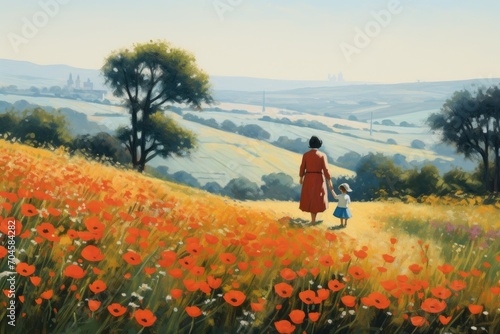 A painting depicting a woman and child strolling through a blooming meadow, A mother and child picking flowers in a field, AI Generated