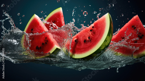 Smooth Fresh ripe organic Watermelon Fruits slices and falling into water and splashes created with Generative AI Technology