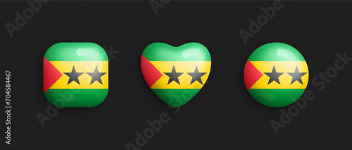 Sao Tome and Principe Official National Flag 3D Vector Glossy Icons In Rounded Square, Heart And Circle Form Isolated On Black. Sign And Symbols Graphic Design Elements Volumetric Buttons Collection
