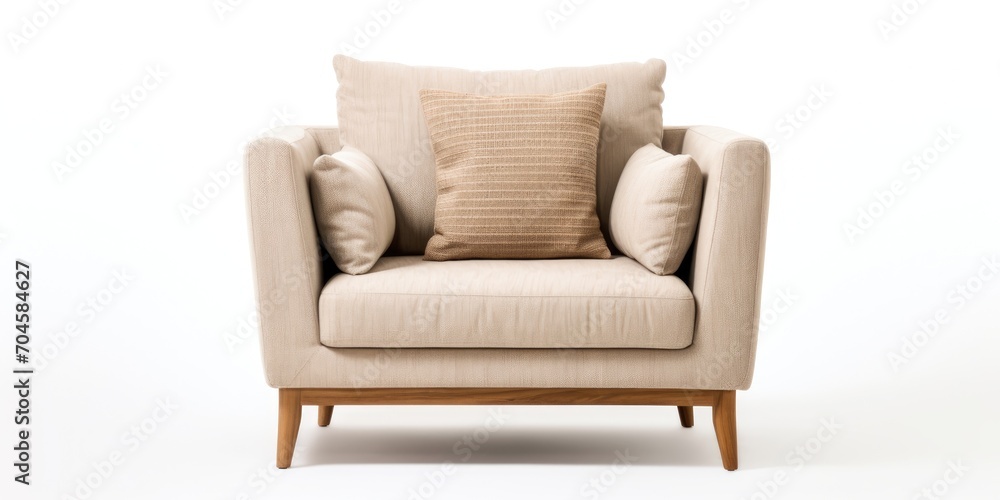 Front view of light beige fabric sofa with 3 seats, white background, and pillow. Front view of light beige fabric sofa with 3 seats, white background, and pillow.