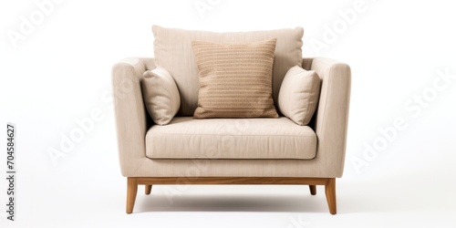 Front view of light beige fabric sofa with 3 seats  white background  and pillow.