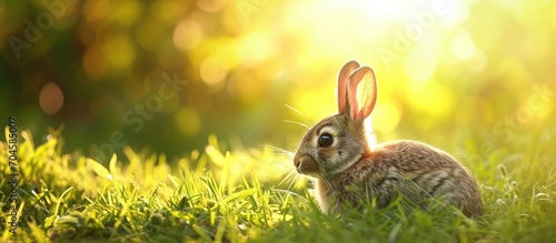 The rabbit gracefully gathers and eats food in the lush surroundings, basking in the beauty of the green grass, open sky, and bright sun.