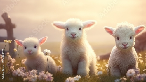cute little lambs on a fresh spring green meadow. easter. Generative AI