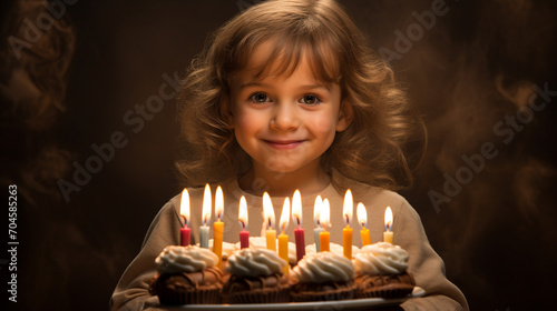 cute little girl blowing out candles on birthday cake at home.Generative AI