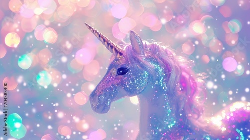A closeup view of a unicorn in a pastel glitter pink fantasy galaxy. Magic mermaid sky with bokeh. Holographic Kawaii abstract space. photo