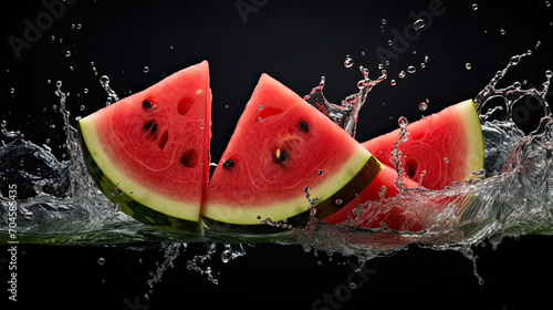 Smooth Fresh ripe organic Watermelon Fruits slices and falling into water and splashes created with Generative AI Technology