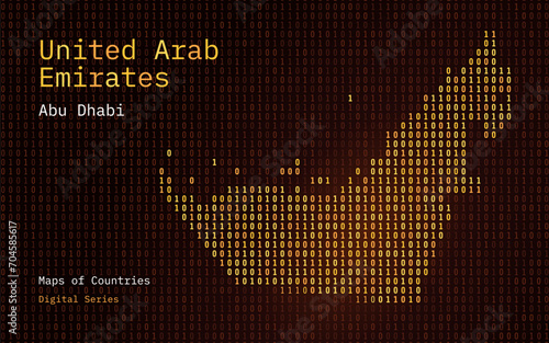 United Arab Emirates Gold Map Shown in Binary Code Pattern. TSMC. Matrix numbers, zero, one. World Countries Vector Maps. Digital Series