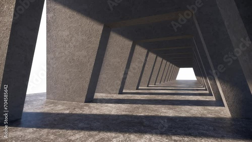 A flight into trapezoidal concrete tunnel of light. Trapezoidal archway. 3D Rendering photo