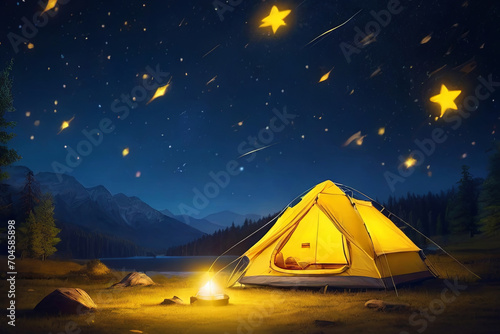 Starry night camp. Yellow light inside tent, shooting stars backdrop. Capturing the essence of holiday camping under the stars.