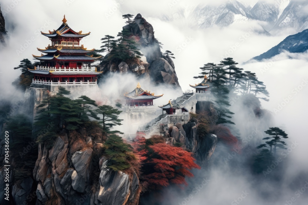 A striking image of a magnificent mountain featuring a pagoda on its peak, A mountain temple lost in the fog, AI Generated